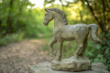 Outdoor stone sculpture of a horse in a park setting.
