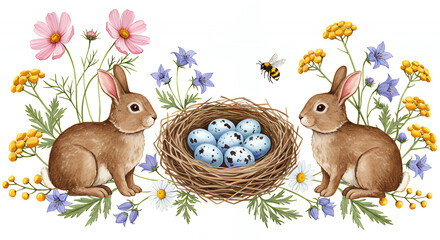 Watercolor easter bunnies with nest and eggs surrounded by flowers spring illustration art print design on transparent background silhouette