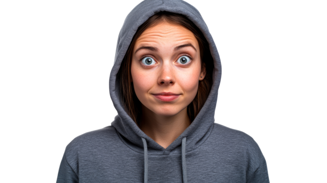 Surprised woman in hoodie with wide eyes, cut out transparent