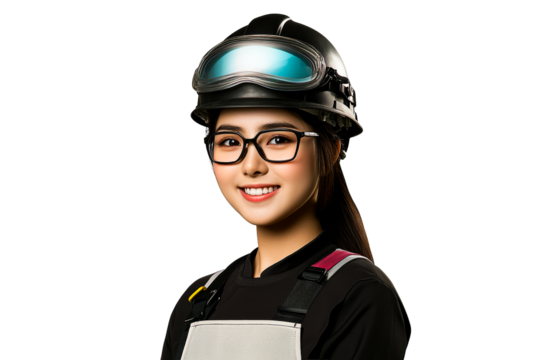 Asian worker portrait wearing safety gear, smiling, cut out transparent - Powered by Adobe