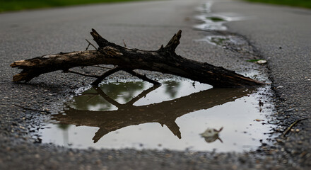 Nature's Reflection A Fallen Branch Mirrored In A Puddle After The Rain