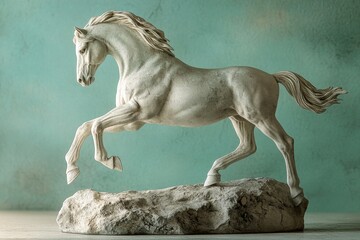 Fototapeta premium Elegant, white sculpted horse leaping atop a rock formation.