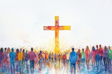 Watercolor Cross and Congregation - A vibrant watercolor painting depicting a large cross, symbolizing faith, hope, unity, community, and spirituality. A diverse group of people stand before it