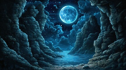 Nighttime moonlit cavern landscape
