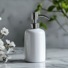 Obraz premium Elegant white ceramic soap dispenser with silver pump on marble surface surrounded by white blossoms and green leaves for bathroom or kitchen decor