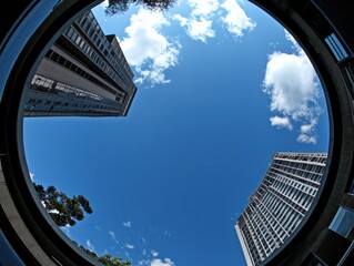 Wide-angle view upward to modern buildings, clear blue sky, and scattered clouds. 