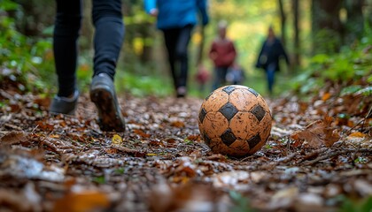 Muddy soccer ball on autumn trail