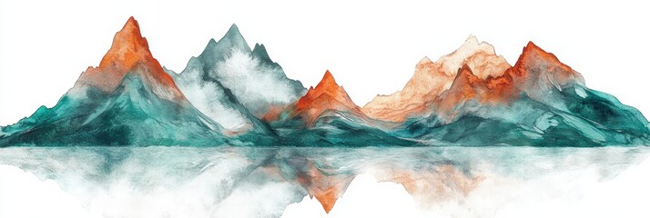 Watercolor Mountainscape Reflection - Serene watercolor landscape of majestic mountains reflected in tranquil water. Symbolizing peace, nature, tranquility, reflection, and journey