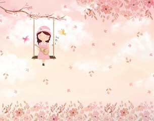 Hand-Drawn Girl on a Swing Under Blooming Cherry Tree, Sweet Illustration for Children's Space
