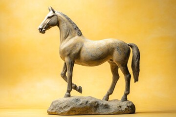 Fototapeta premium Elegant statue of a horse, in profile view, on a rocky base.