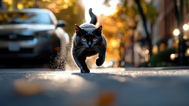 A black cat is walking briskly down a city street, surrounded by bright autumn foliage. Sunlight filters through the trees, creating a warm glow in the late afternoon
