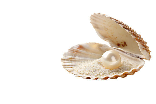 pearl in a shell on the beach white background Ai generate