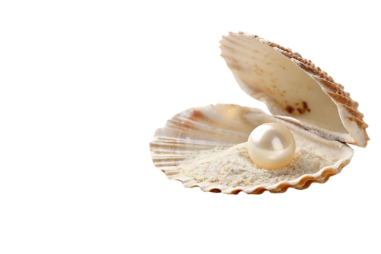 pearl in a shell on the beach white background Ai generate