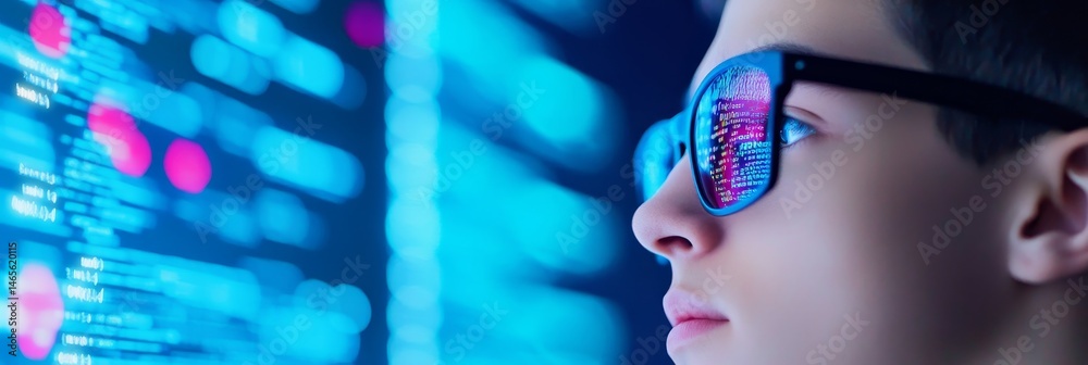 Poster young programmer analyzing code - a focused young person examines complex data streams on a screen, 