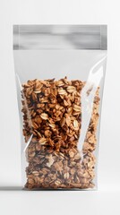 Clear plastic resealable bag filled with crunchy granola clusters on a plain white background for healthy breakfast snack or baking ingredient display