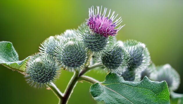 fructification of greater burdock arctium lappa woolly burdock arctium tomentosum or lesser burdock arctium minus closeup