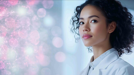 Woman doctor in cybernetic lab coat analyzing biometric data on a futuristic screen soft ethereal lighting high contrast