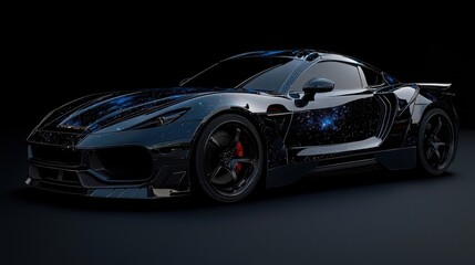 A sleek sports car with a striking galaxy theme wraps its body, reflecting an artistic blend of colors and patterns