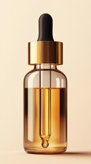 Close-up of a stylish glass dropper bottle with golden cap filled with serum or oil on a neutral beige background, minimalistic, elegant skincare product presentation