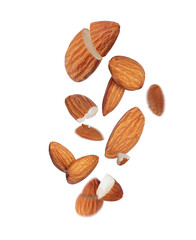Almonds hanging in the air close-up on a white background