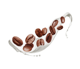 Roasted coffee beans with milk splashes isolated on a white background