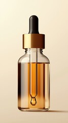 Close-up of a glass dropper bottle containing amber-colored skincare serum with black and gold cap on a plain beige background for cosmetic and beauty treatments