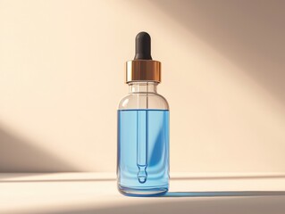 Close-up of a glass dropper bottle filled with blue liquid medicine or skincare serum against a neutral background with soft shadows and reflective surface