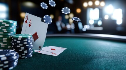 Two playing cards featuring aces sit near colorful chips on a green gaming table in a lively casino environment, filled with anticipation and excitement at night
