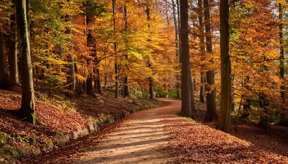 Fototapeta premium a winding dirt path through a tranquil forest showcases autumn foliage with fallen leaves and trees lining either side inviting exploration