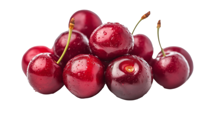 Red cherries are small, round, sweet or tart fruits with a vibrant red skin and a juicy, flavorful flesh, commonly enjoyed fresh or in desserts isolated on white background or transparent png