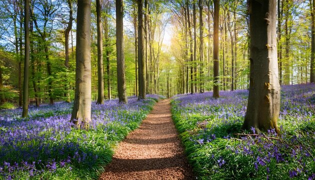 path in bluebells forest in belgium diminishing perspective
