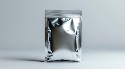 Flat Silver Metallic Foil Packaging Pouch Mockup for Product Display and ing in Minimalist Studio Setting with Soft Shadows and Clean Background