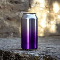 Modern purple and silver energy drink can with reflective surface and sleek design placed on rustic stone outdoor background for refreshment and style