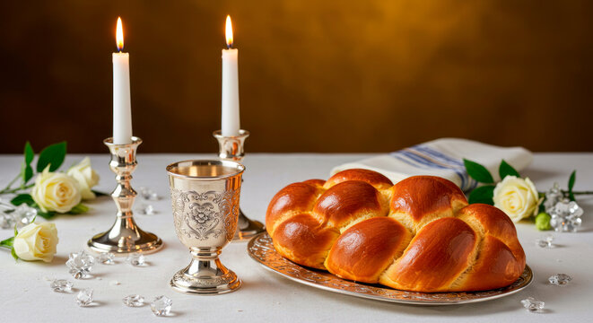 Shabbat table with challah bread, Kiddush cup and candles