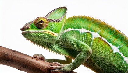 Obraz premium green chameleon on branch isolated on transparent background