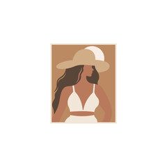 Logo design of a woman in a bikini in boho design style, symbolizing freedom, summer vibes, and a carefree lifestyle, often featuring natural, earthy elements and intricate details.

