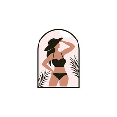 Logo design of a woman in a bikini in boho design style, symbolizing freedom, summer vibes, and a carefree lifestyle, often featuring natural, earthy elements and intricate details.

