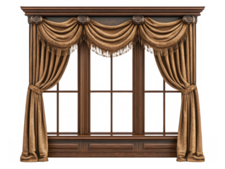 Elegant window frame with curtains drapes isolated on transparent background