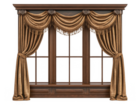 Elegant window frame with curtains drapes isolated on transparent background