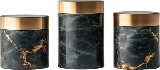 Three Gold Accented Dark Marble Storage Jars