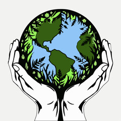 Hands holding a green globe, earth. Earth day concept. Earth day vector illustration for poster, banner,print,web. Saving the planet,environment. save the world concept