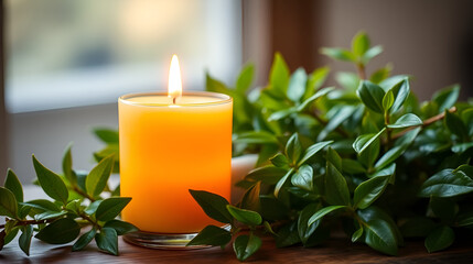 Warm Amber Candle with Lush Greenery - A Relaxing Ambiance