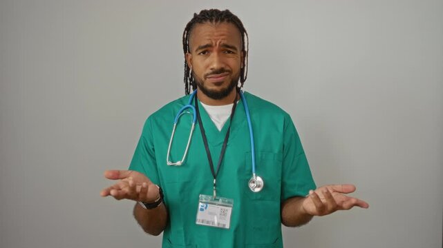 African american man in doctor uniform wearing a clueless and confused expression of doubt over isolated white background
