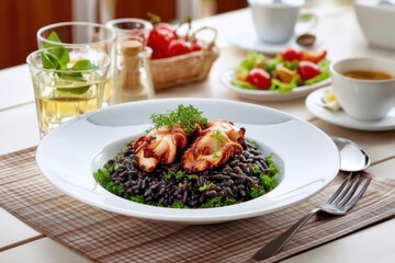 Traditional Croatian seafood risotto with black cuttlefish ink, full dish view