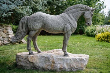 Gray granite horse sculpture in a landscaped garden setting.