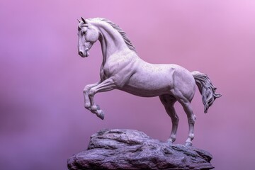 A light gray horse sculpture on a rock formation.