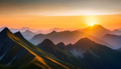 digital rendering of a mountain range at sunrise sunset