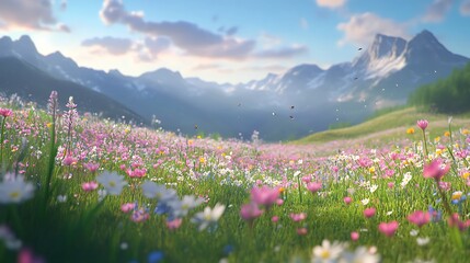 Fototapeta premium Spring wildflowers painted in bold tones across peaceful meadow with fresh green grass image