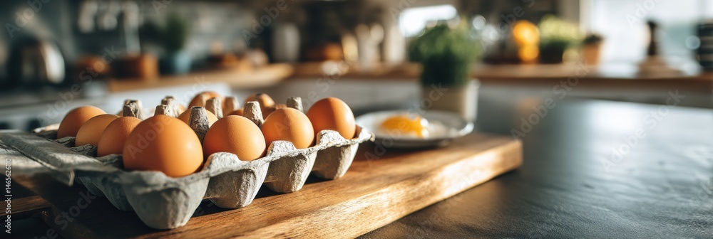 Poster breakfast preparation at a kitchen table with a cutting board, fresh eggs, and morning light filteri