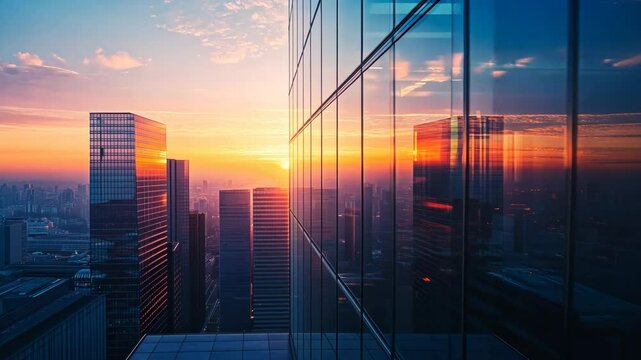 Urban skyline reflection at sunset with modern highrise buildings